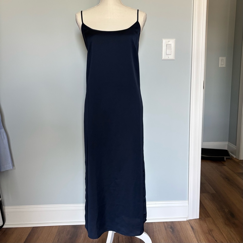 J Crew Navy Blue Silky Slip Dress Long Maxi Adjustable Spaghetti Strap L
